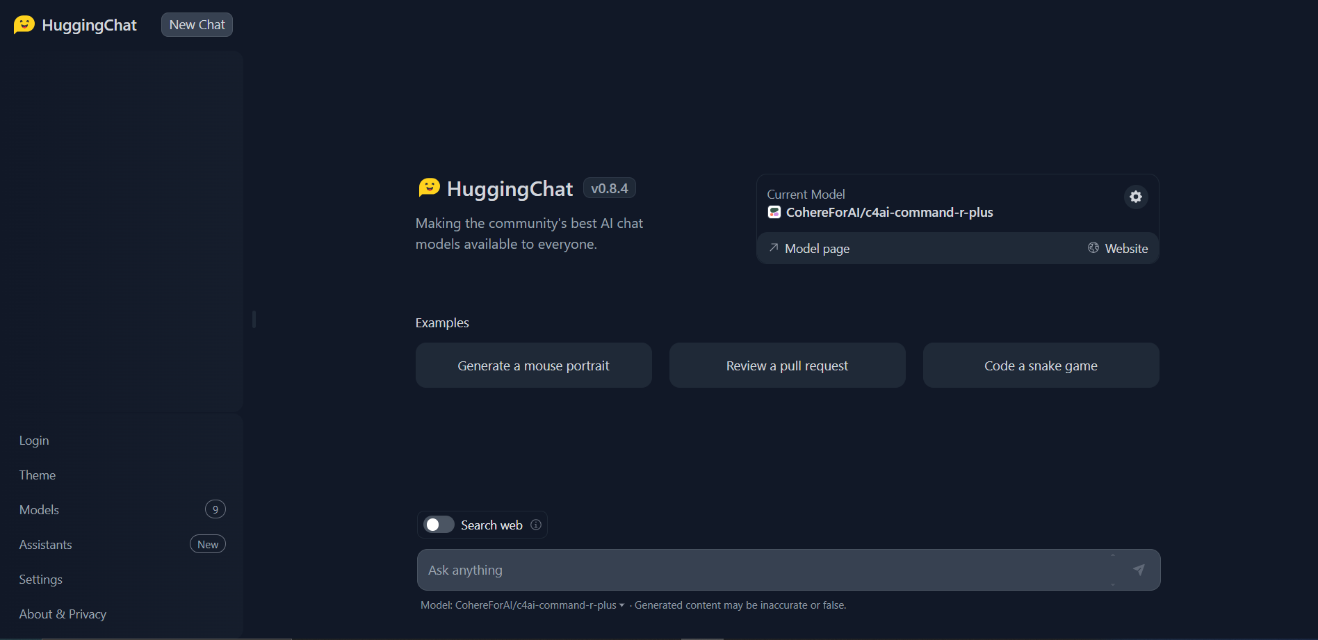 HuggingChat screenshot