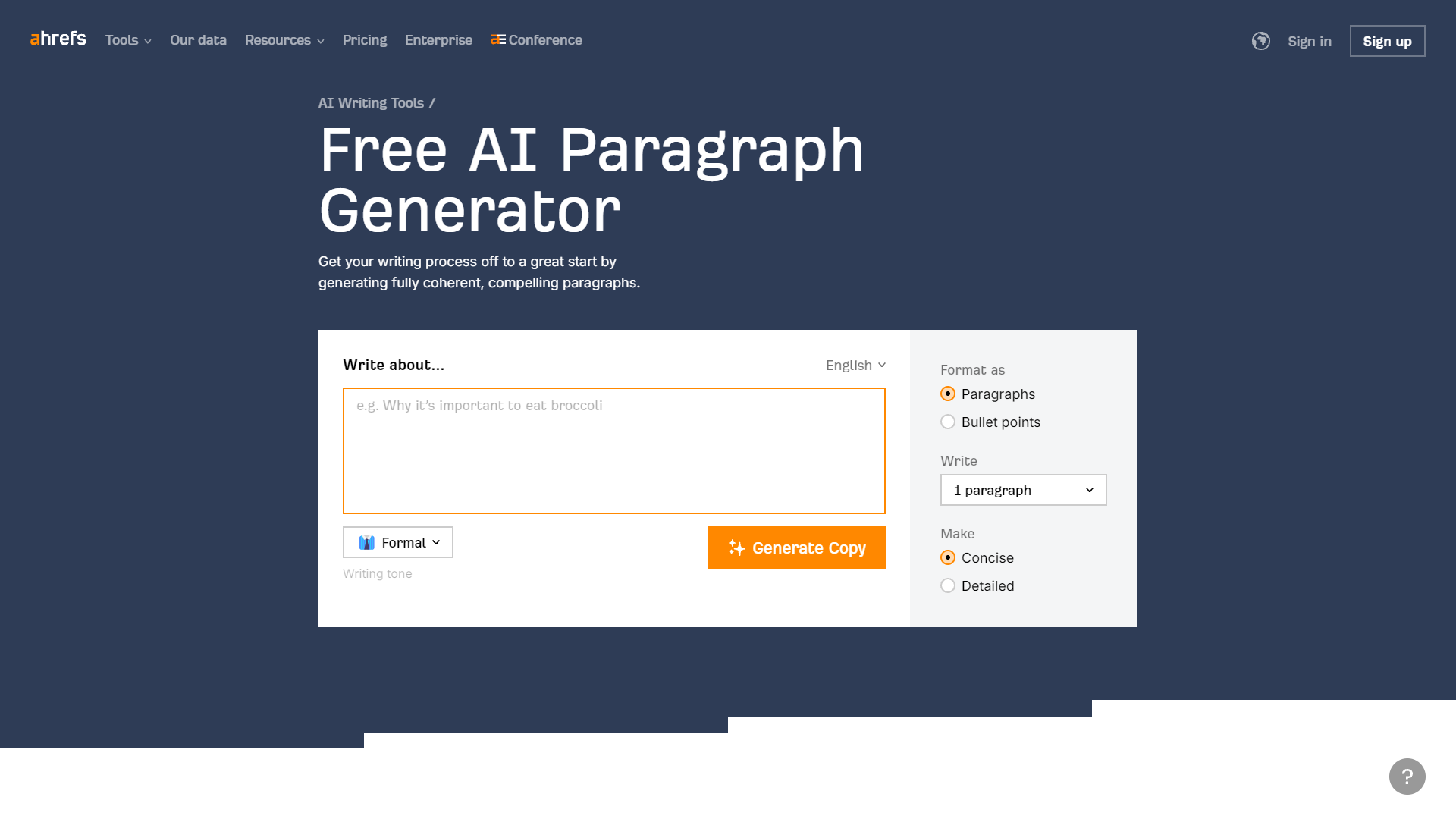 Ahrefs Paragraph Generator screenshot