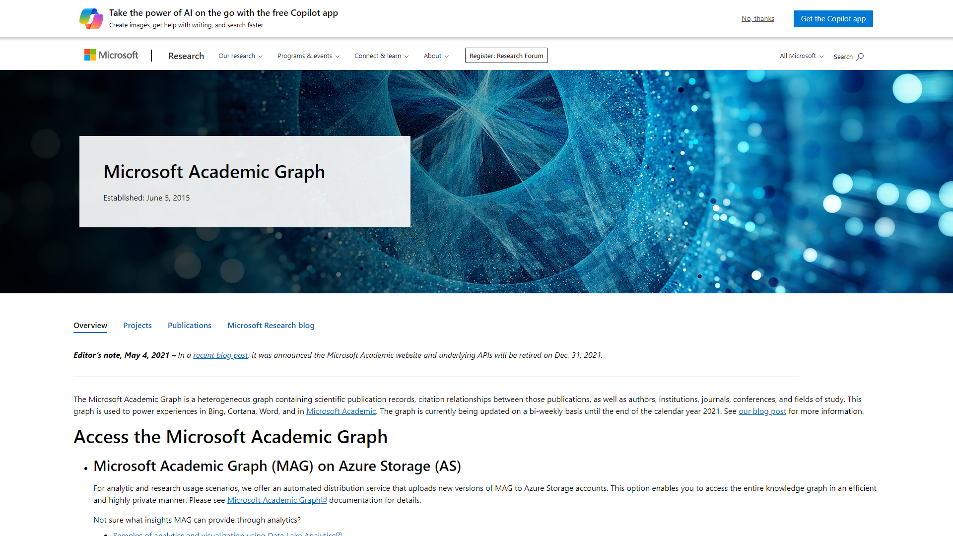 Microsoft Academic Knowledge API screenshot