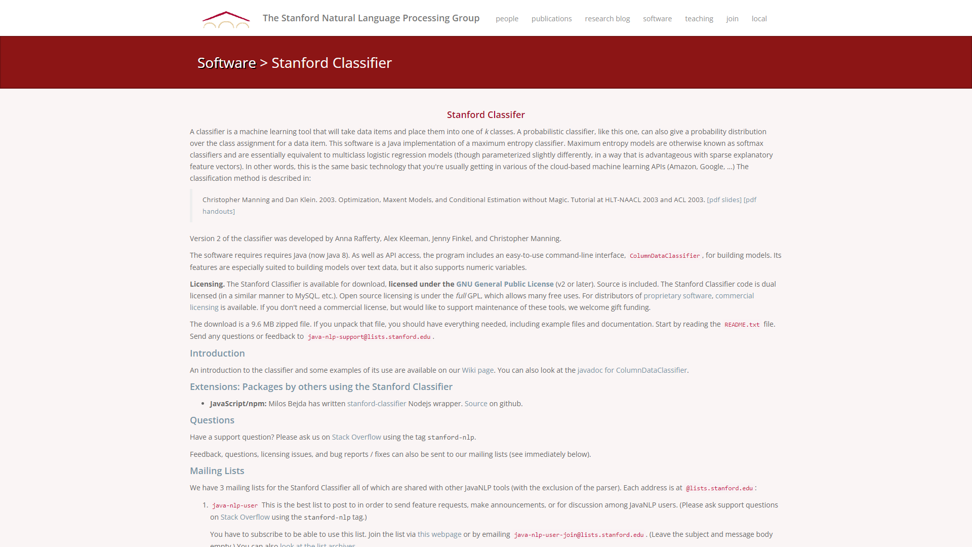Stanford Classifier screenshot